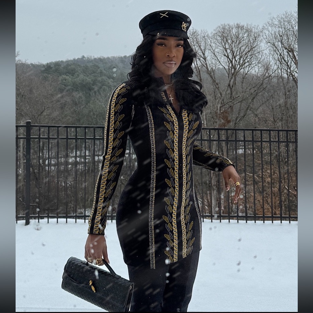 Black Velvet Mini Dress with Gold Embroidery